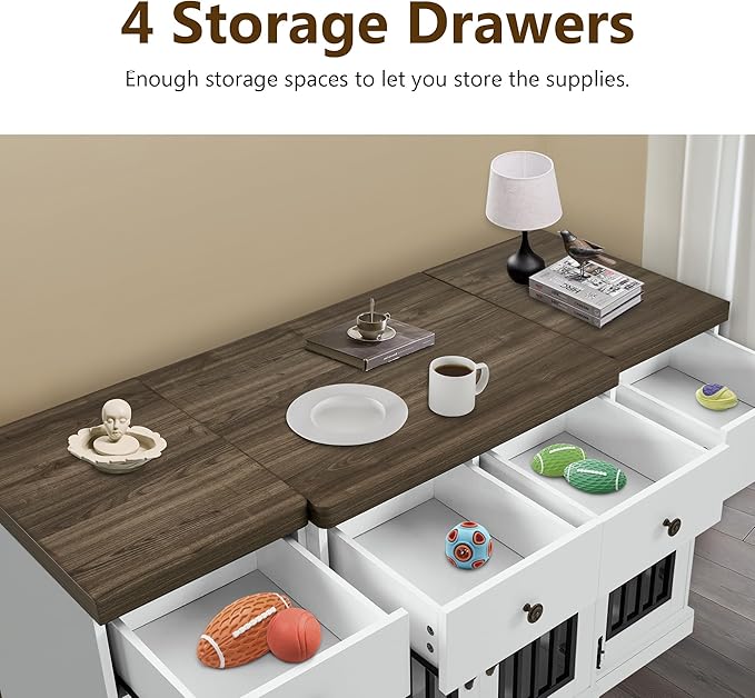 MCombo Wooden Dog Crate Furniture with 4 Drawers and 4 Lockable Doors, Pet Kennel TV Stand for Medium/Large Dogs 1872 (White and Brown)