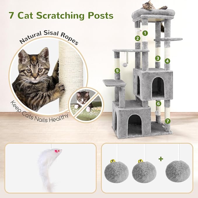 Globlazer Cat Tower for Indoor Cats, Heavy Duty Cat Trees for Large Cats Adult Big Cats Maine Coon Cat Tree Tower with Scratching Post, Extra Large Top Perch, Cat Condos, F61, Light Grey, 61inch