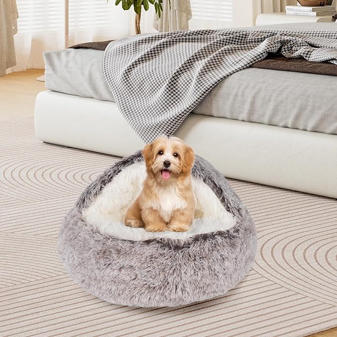 Cat Beds & Dog Bed with Cover Cave, Dog Beds for Small Dogs, Round Soft Plush Donut Calming Pet Bed for Indoor Cats or Small Dog, Washable Puppy Bed with Non-Slip Bottom-16inch