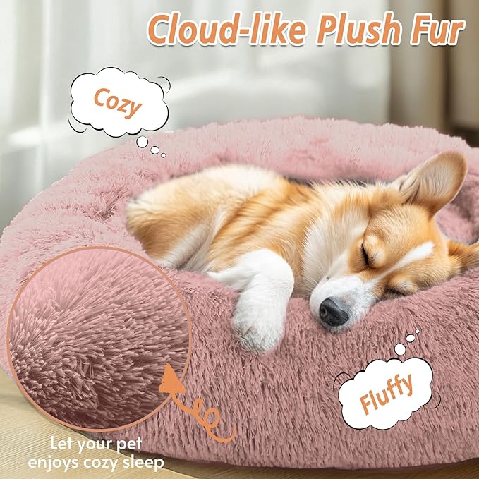 JOLLYVOGUE Calming Dog & Cat Bed for Small Dogs, Anti-Anxiety Donut Cuddler Cozy Soft Round Bed with Anti-Slip Bottom, Fluffy Faux Fur Plush Cushion Beds for Small Medium Pets (23")