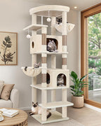 Globlazer Heavy Duty Cat Tree, 74in Sturdy Cat Tower for Large Cats Adult, Big Cat Tree with 5 Sisal Scratching Posts, 2 Padded Condos, 2 Dual-Ear Hanging Baskets, Enlarged Top Perch, S74, Beige
