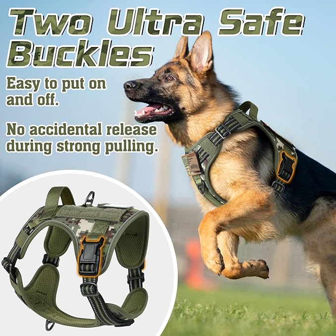 rabbitgoo Tactical Dog Harness Medium Sized Dog, No Pull Military Service Vest with Handle & Molle, Easy Control for Training Walking, Adjustable Reflective Straps, Green camo, M