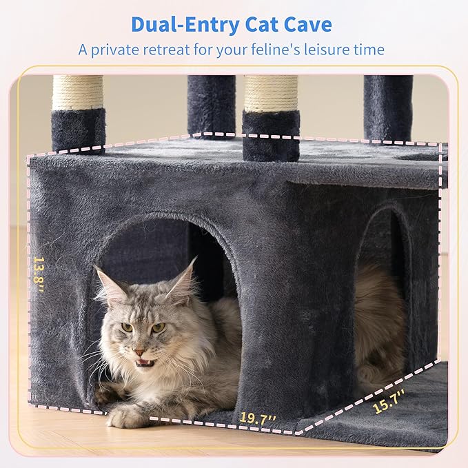 Heybly Heavy Duty Cat Tree, 71-Inch Tall Tower for Large Maine Coon with Extra-Large Baseboard, Cat Condo Furniture with Multi-Level Platforms, 2 Hammocks and 12 Scratching Posts, Smoky Gray HCT037G