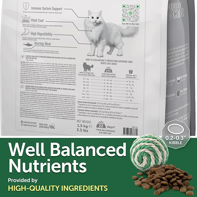 Nature's Protection Superior Care White Cats Grain Free Dry Cat Food with Herring, Adult All Breeds Light Coated Cats, No Tear Stains, No Hairball 3.3 lb