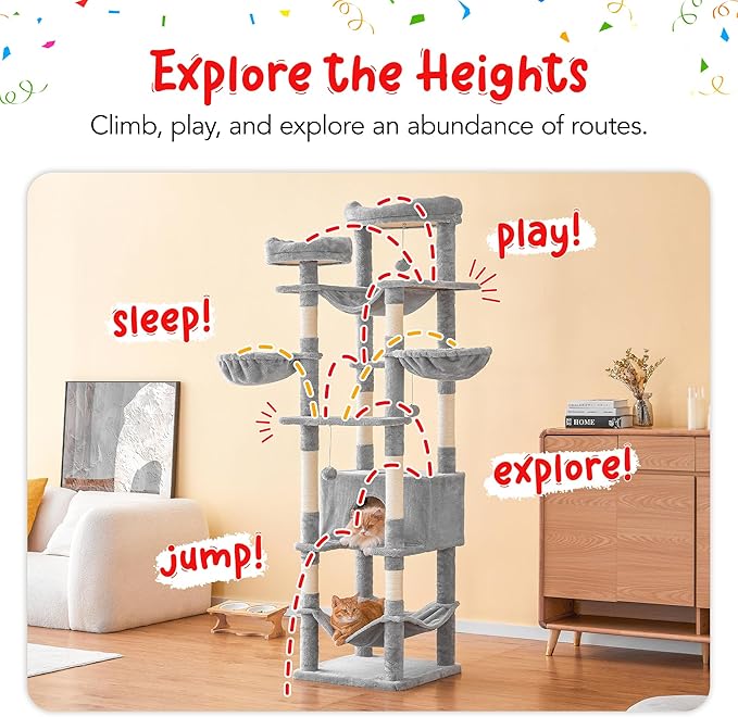 77-Inch Tall Cat Tree for Indoor Cats, Multi-Level Large Cat Tower with 4 Hammocks, 2 Padded Perches, Cat Condo, Sisal Scratching Posts and Hanging Toys for Large Adult Cat, Light Grey
