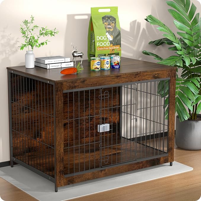 Dog Crate Furniture, Wooden Dog Crate 43in, Decorative Cage with End Table for Dog Indoor Kennel, High Anxiety Dog, Escape-Proof Locks for All Breeds