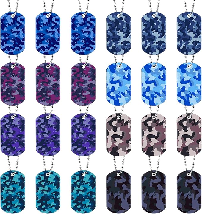 Saintrygo 48 Pcs Camouflage Dog Tags Military Acrylic Army Dog Tags Party Favors Camo Party Favors Include 24 Camo Necklaces with 24 Beaded Chains for Kids Men Women(Dark Colors)
