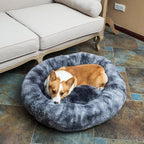 Coohom Oval Calming Donut Cuddler Dog Bed,Shag Faux Fur Cat Bed Washable Round Pillow Pet Bed(30"/36") for Small Medium Dogs (XXL(43"x34"x8"), Grey2021)