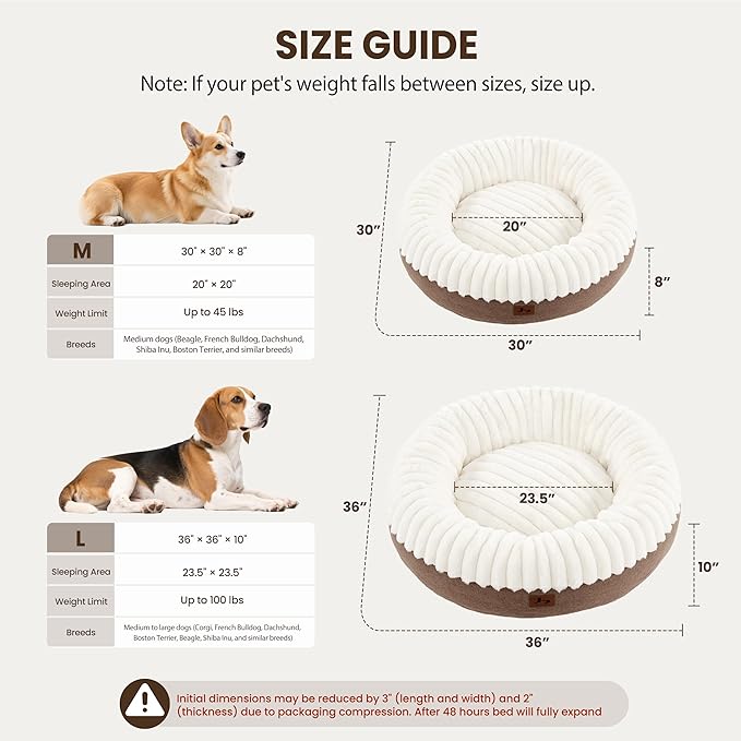 Donut Dog Bed Medium Size Dog, Round Cat Beds for Small Medium Dogs and Cats with Washable Fluffy Faux Fur, Cute Comfort Pet Bed with Anti-Slip Bottom, Cream, 30"