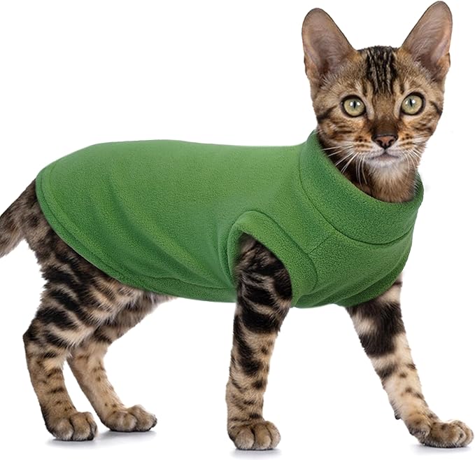 PUMYPOREITY Fleece Sphynx Cat Clothes, Warm Thick Cat Sweater, Soft Winter Coat for Hairless Cats, Cold Weather Pet Sweater for Dogs and Cats, Green, L