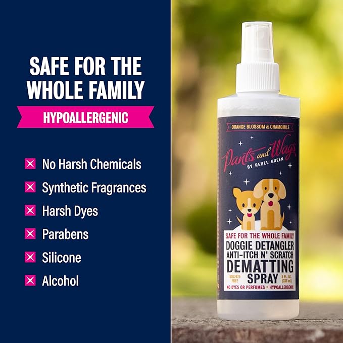 Rebel Green Pants & Wags Anti-Itch & Scratch Dematting Spray - Dog Hair Detangler - Orange Blossom & Chamomile - Hypoallergenic - No Dyes or Perfumes - 8 oz - 2 Pack