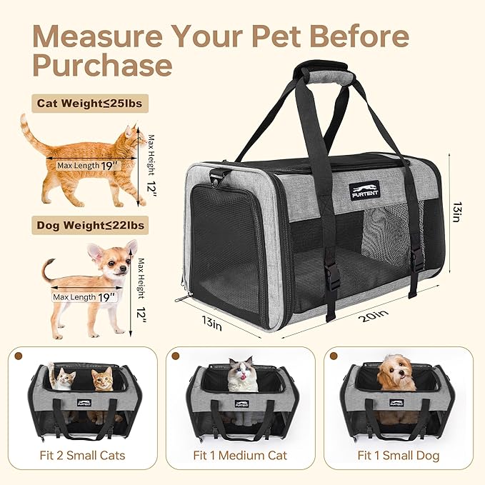 Soft Sided Two Cats Dog Carrier up to 25 lbs, Portable Mesh Pet Travel Bag for Medium Puppy Big Cats, Collapsible Puppy Crate Home Outdoor 20x13x13in, Grey