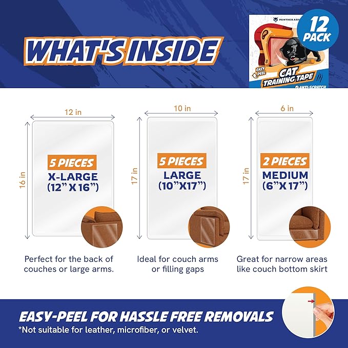 12 Pack Cat Scratch Furniture Protector Tape Sheets – Double-Sided Sticky Training (5 XL, 5 Large, 2 Medium) – Anti-Scratch Couch & Sofa Guard – Clear – Not for Leather, Velvet, Microfiber