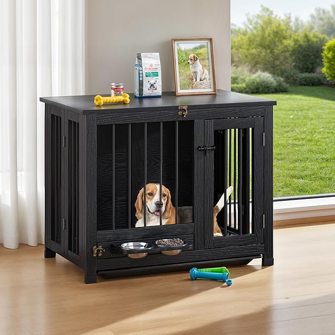 Dog Crate - 31.5" Wooden Dog Cage with Removable Tray & 360° Rotating Feeder | Decorative Dog Kennel Furniture Indoor | Multi-Functional End Table for Medium & Small Dogs | Black Portable Pet Crate