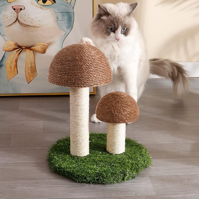 Cat Scratching Post - Mushroom Cat Scratcher Featuring with Natural Sisal Caps Scratch Pole and Sturdy Base for Kittens & Small Cats - Brown