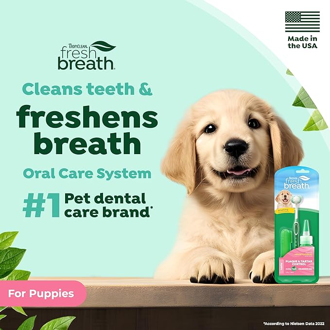 TropiClean Fresh Breath Toothbrush and Toothpaste Kit for Puppies, Teeth Cleaning Kit to Prevent Plaque & Tartar, Breath Freshener, Dog Dental Care