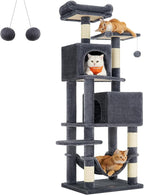 Feandrea Cat Tree, 61-Inch Cat Tower for Indoor Cats, Plush Multi-Level Cat Condo with 5 Scratching Posts, 2 Perches, 2 Caves, Hammock, 2 Pompoms, Smoky Gray UPCT192G01