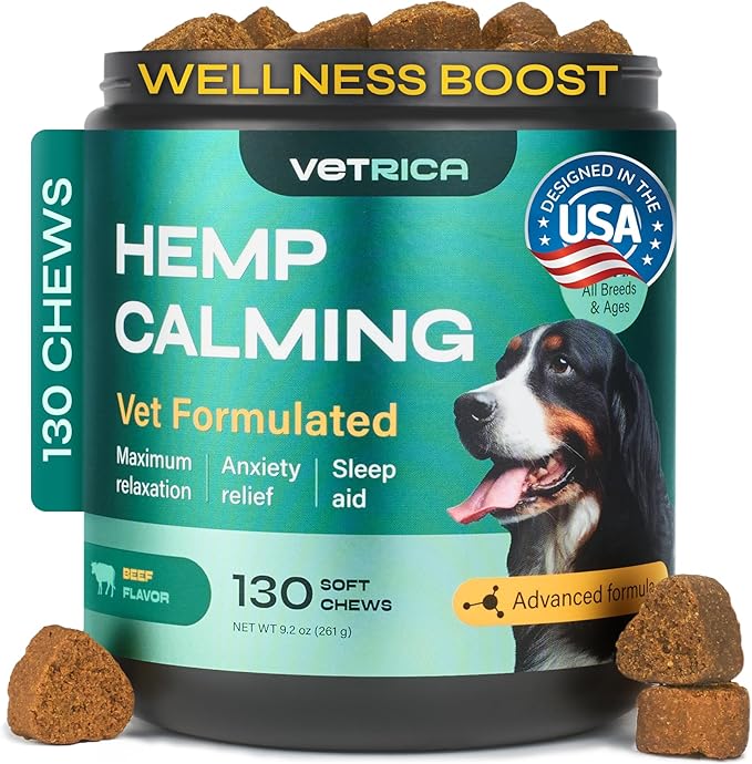 Calming Chews for Dogs Anxiety Relief - Hemp Calming Chews for Dogs with Valerian Root, Hemp Seed Oil, Turmeric, L-Theanine - Soft Treats for Storms, Fireworks, Separation, Vet Visits, Grooming