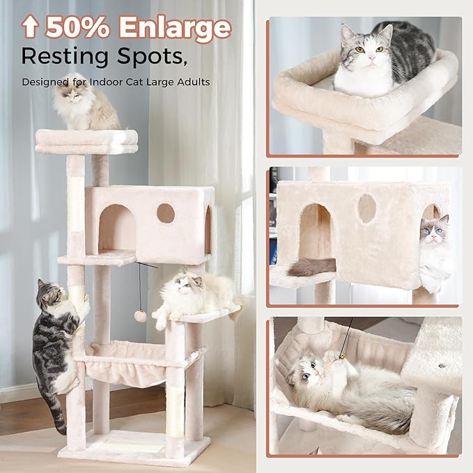 54” Cat Tree with Big Hammock 21x17” Adult Cat Tower with Scratching Posts Featuring Large Top Bed, Scratcher Pad, Spacious Condo House and Detectable Ball for Indoor Cats-Large Beige