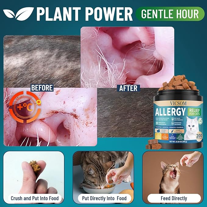 200 Natural Cat Allergy Relief Chews, Cat Itchy Skin Allergy Relief & Immune Support Chews for Seasonal Allergies Cats, Itch Relief for Cats Paws, Eyes, Ears, Stop Licking & Scratching, Chicken Flavor