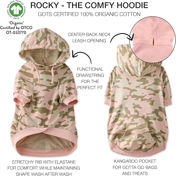 Rocky – The Orginal Lightweight Hooded TEE 100% Organic Cotton Dog Hoodie Pet Coat Sweater for Small, Medium, Large Dogs, Pink Camo, Medium