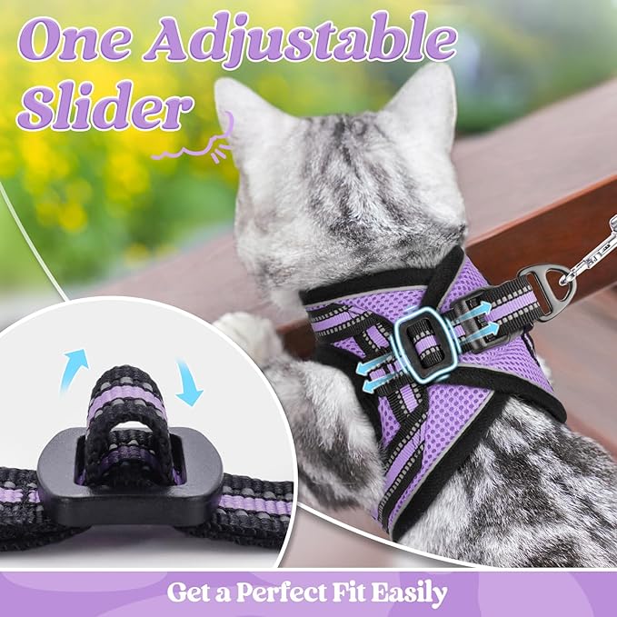 rabbitgoo Cat Harness and Leash Set for Walking Escape Proof, Adjustable Soft Kittens Vest with Reflective Strip for Cats, Comfortable Outdoor Vest, Light Purple, XL