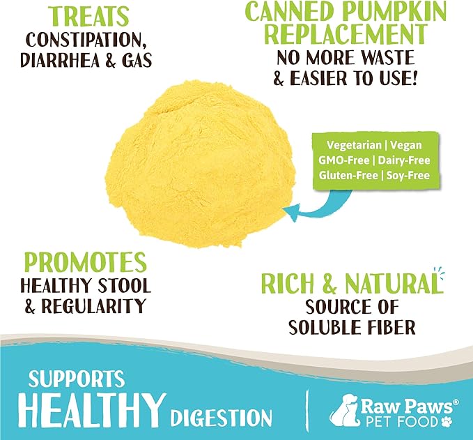 Raw Paws Organic Pumpkin Powder for Dogs & Cats (16-Ounce) - Made in USA - Anti Scoot Powdered Pumpkin for Dogs - Fiber for Dog - Dried Food Sprinkles - Toppers for Dry Food - Fiber for Cats