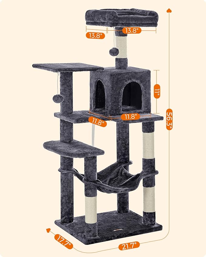Feandrea Cat Tree, 56.3-Inch Cat Tower for Indoor Cats, Multi-Level Cat Condo with 4 Scratching Posts, 2 Perches, Hammock, Cave, Smoky Gray UPCT161G01