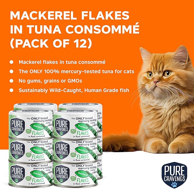 Mackerel Flakes in Tuna Consommé, Canned Wet Cat Food Soup, 100% Mercury-Tested, Moist Can Fish, Grain-Free Protein, Non-GMO, 3oz, Pack of 12
