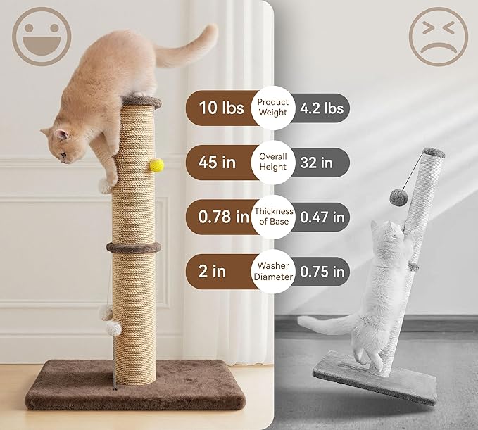 5-Inch Thick Sisal Cat Scratching Post, 36" Tall Scratch Tower with 6.5" Top Perch and Large 20.8×15.9" Stable Base, Durable Cat Scratcher for Indoor Cats, Brown