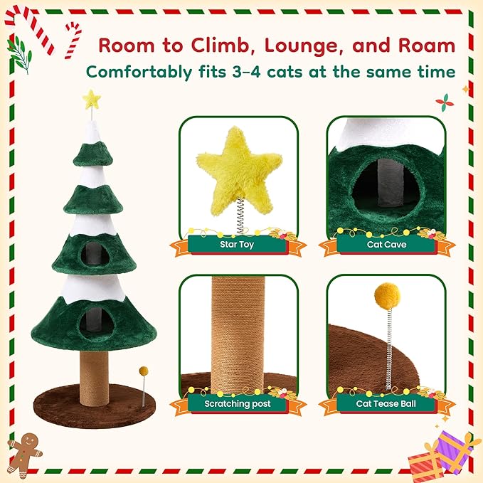 62" Christmas Tree Cat Tower for Indoor Cats, Multi-Level Wooden Cat Tree with Scratching Posts, Sisal Cat Scratcher & Cozy Cat Beds,Green