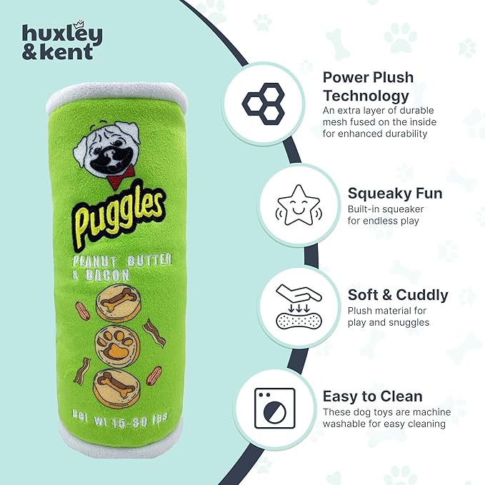 Huxley & Kent Funny Dog Toy w/Squeaker – Power Plush Squeaky Dog Toys for Small, Medium & Large Dogs – Soft Stuffed Animal for Indoor Play & Fetch - Puggles Can, Small
