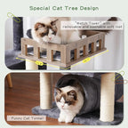 Cat Tree with Tunnel, Cat Tower for Indoor Cats, Tall Cat Tree Tower with Cat Condo, Food Station, Large Platform, Scratching Posts, Hammock, Smoky Gray GCT021G