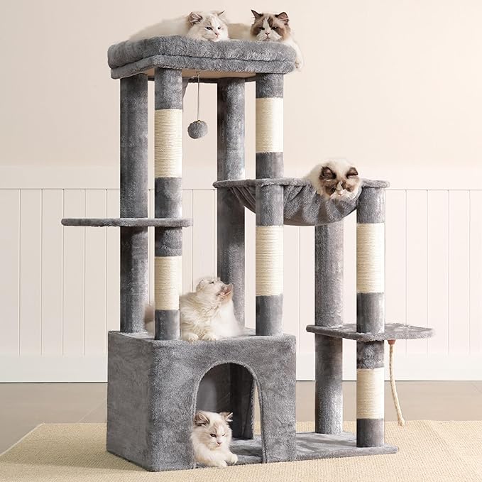 Heybly Heavy Duty Cat Tree, Tower for Indoor Cats large adult, Tall Cat Condo House with Extra-Large Baseboard, Multi-Level Plush Furniture with Scratching Posts, Hammock, Toy Ball, Light Gray HCT026W