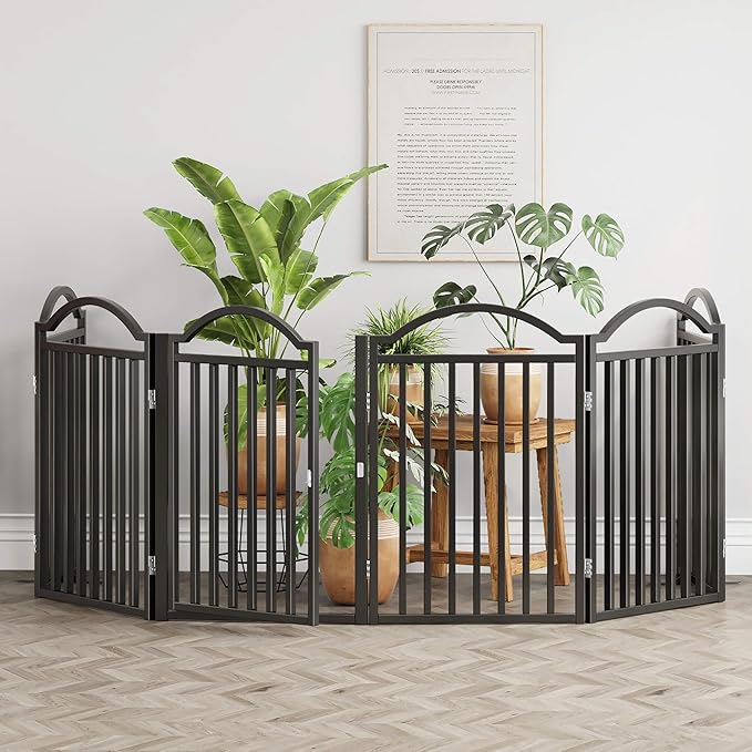 UDD Metal Folding Dog Gate Indoor 144" Extra Wide, 32" Tall Foldable Pet Gate with Door for Stairs Doorways Hallways Porch, Freestanding No Drilling Pet Fence for Dogs Puppy, Black 6-Panel