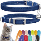 CollarDirect Leather Cat Collar, Kitten Collar with Removable Bell Black Blue Red Orange Lime Green (Neck Fit 8"-11", Navy Blue)