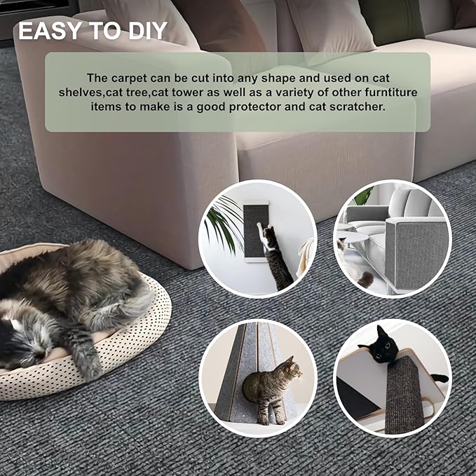 Cat Scratching Carpet Mat, Self-Adhesive Trimmable Cat Climbing Post Covered Pad Replacement for DIY Cat Tree Shelf Steps Couch Corner Wall Cat Scratcher Furniture Protector (Khaki, 78.7x15.8Inch)