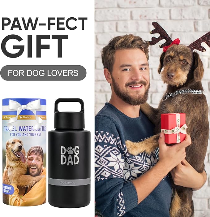 Insulated Dog Water Bottle with Travel Bowl, Portable Water Bottle Dispenser, Accessories for Car, Hiking, Camping, Outdoor, Leak-Proof, Detachable (DogDad-Black)