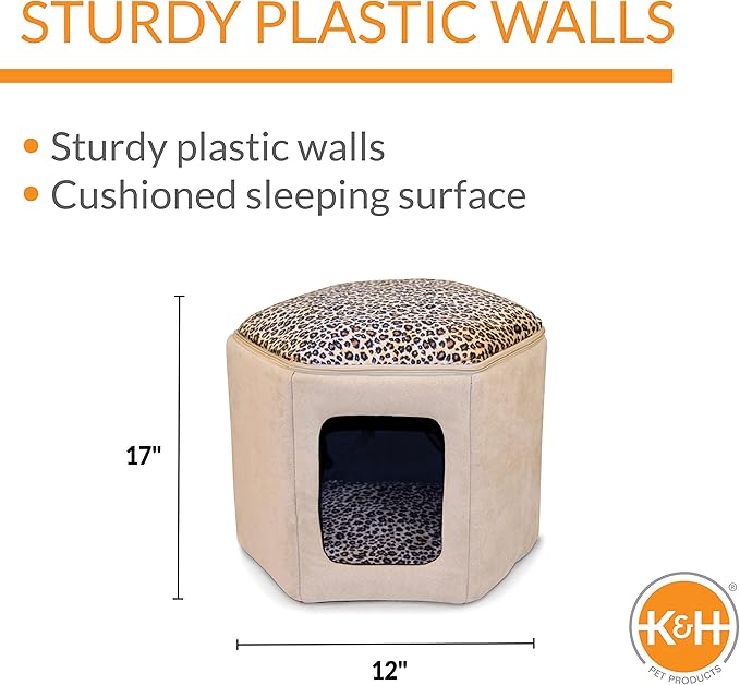 K&H Pet Products Thermo-Kitty Sleephouse Cat Cave, Indoor Cat House, Clubhouse Cat Bed - Unheated Tan/Leopard 12 X 17 Inches