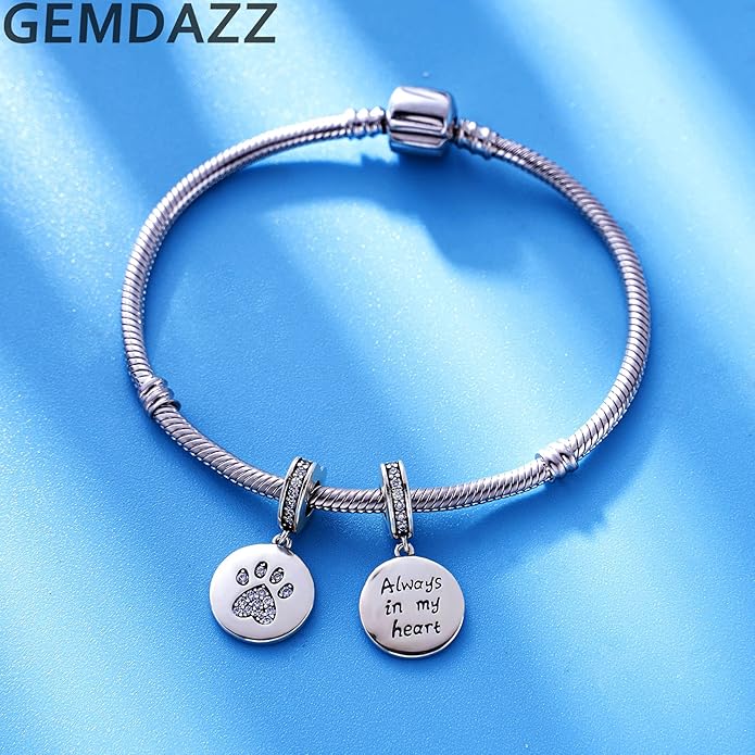 GEMDAZZ Sparkling Puppy Paw Print Charms in 925 Sterling Silver, Pave Dog Pawprint CZ Round Beads and Always in My Heart Charms, Gift for Animal Lover, fit European Women Bracelet/Necklace