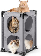 2-Level Cat House&Condo, 2-Story Cat Beds for Indoor Cats, Elevated Cat Cave for Multiple Cats, Outside Cat House, Stable and Easy to Assemble, 15.75'' x 15.75'' x 25.2''inches, Grey