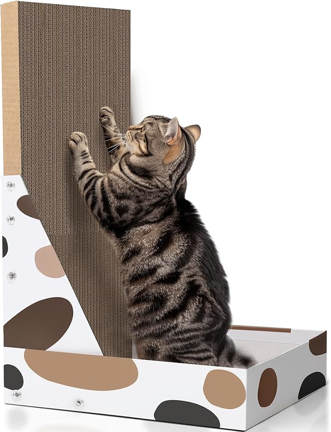 ComSaf Cat Scratching Board, Vertical Cat Scratcher for Indoor Cats, L Shaped Cat Wall Scratcher, Cardboard Cat Scratch Pad Lounger with Box Collecting Scraps, Protect Furniture Couch