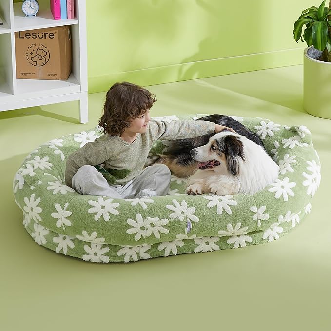 Lesure Human Dog Bed for Adult - Calming Human Size Dog Bed with Egg Foam Supportive Mat and Storage Pocket, Cute Modern Pet Beds with Jacquard Shaggy Plush & Anti Slip Bottom 55x37x10, Green