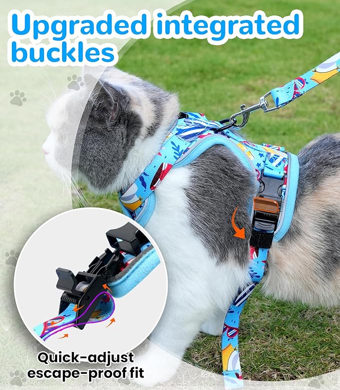 Halypet Cat Harness and Leash Set for Walking, Escape Proof Adjustable Vest Harness with 3-in-1 Integrated Buckles, Easy Control Soft Breathable Mesh with Reflective Strips for Cats, M,Azure Blue