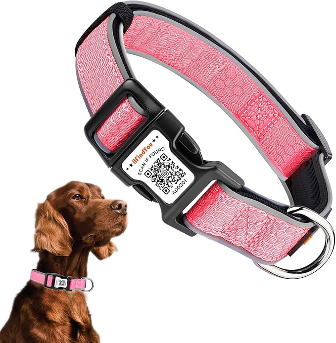 Personalized Dog Collar with QR Code tag for pet ID, Reflective Safety Collar, Suitable for Small, Medium, and Large Dogs (Pink, Medium)