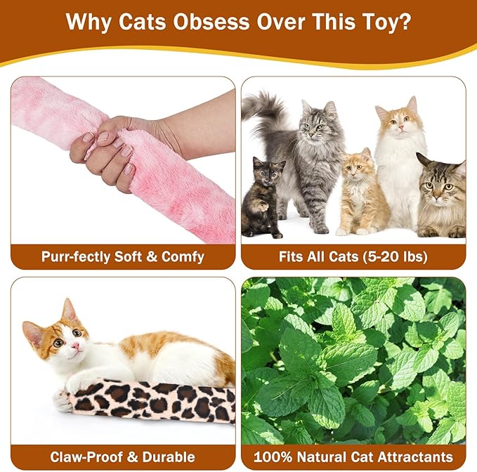 3Pcs Leopard Print Cat Kicker Toy with Organic Catnip - Durable Chew Pillow for Indoor Cats, Plush Catnip Toys for Play & Calming, Soft Cat Bed Stuffing (Leopard)