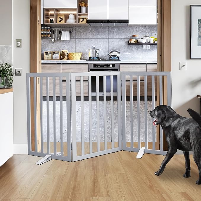 ZJSF Freestanding Indoor Dog Gate for House Foldable Wood Puppy Gate for Doorways Pet Gate for Stairs Extra Wide Pet Fence, Grey, 32" Height 3 Panels