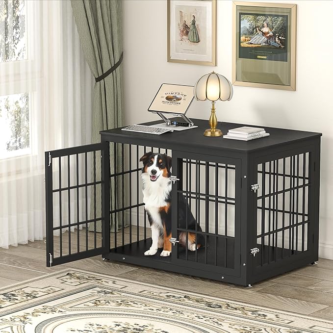 42 Inch Heavy Duty Dog Crate Furniture for Large and Medium Dogs, Decorative Pet House End Table, Wooden Cage Kennel Furniture Indoor, Black