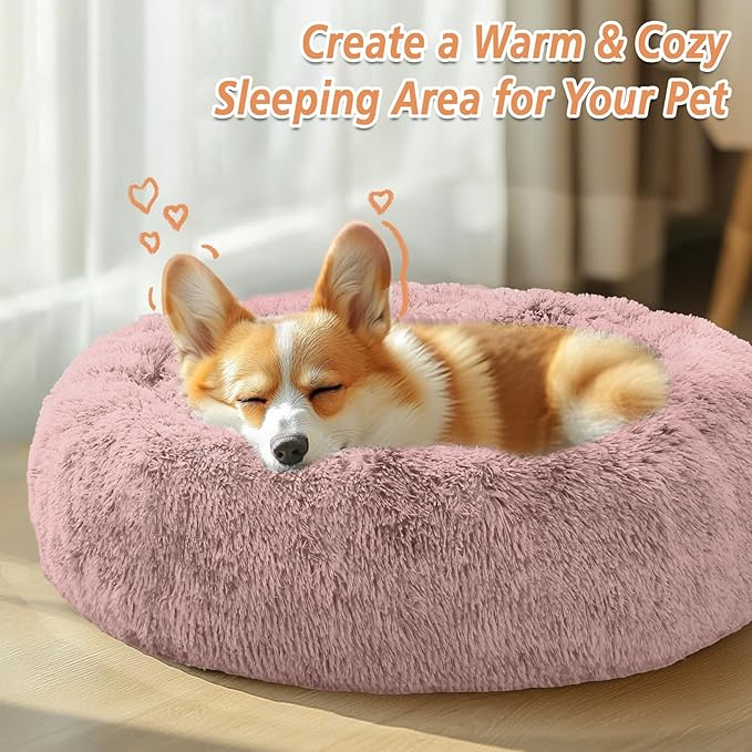 JOLLYVOGUE Calming Dog & Cat Bed for Small Dogs, Anti-Anxiety Donut Cuddler Cozy Soft Round Bed with Anti-Slip Bottom, Fluffy Faux Fur Plush Cushion Beds for Small Medium Dogs (27")