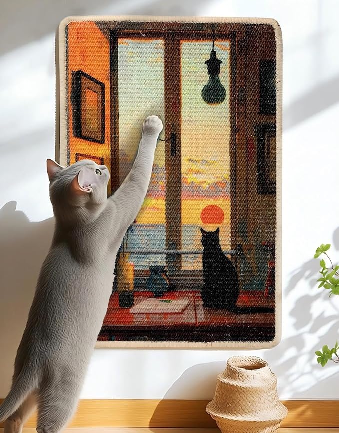 3-in-1 Sisal Cat Scratcher Mat 23.6x15.7 – Durable Scratch Rug for Floor & Wall with Sticker Tape, Protects Couch, Carpet & Furniture, Anti-Slip, Pet-Safe for Indoor/Outdoor Cats, Golden Afterglow